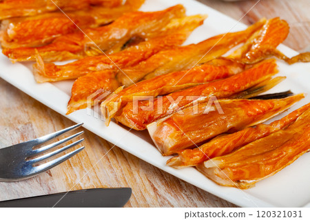 Plate with smoked salmon bellies Plate with smoked salmon bellies 120321031