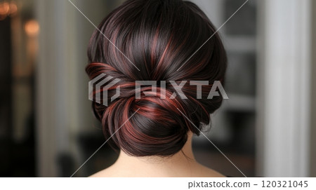 A woman showcases an elegant updo featuring rich dark hair with subtle red highlights, perfect for a formal occasion. The style beautifully frames her neck and shoulders. 120321045