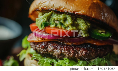 A delicious hamburger featuring a juicy beef patty, guacamole, fresh vegetables, and stacked in a toasted bun, served in a relaxed dining atmosphere. 120321062