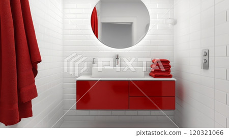 This modern bathroom showcases a clean white tile design complemented by a round mirror and vibrant red accents including towels and a shower curtain, creating a stylish and inviting atmosphere. 120321066