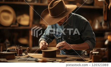A skilled artisan carefully crafts a cowboy hat, focused on his workbench filled with tools and supplies in a well-lit workshop. 120321069