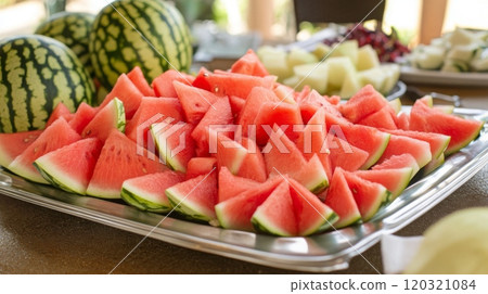 A vibrant display of watermelon slices arranged neatly on a tray, showcasing the refreshing fruit at a summer event. 120321084