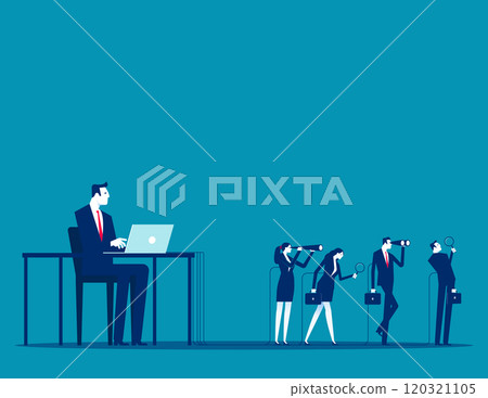 Employees tied to the boss's computer. Vector the Boss who Controls the Employees Connected to the Computer with Cables on the Screen 120321105