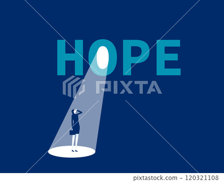 Hope or faith to success, positive thinking or business challenge, belief or optimistic for better bright future, solution concept, businessman climb up ladder in the dark to see light beam hope. 120321108