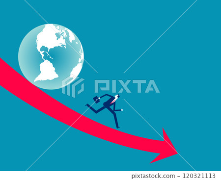 World economic recession, global financial crisis or international stock market crash, investment asset fall down, decline concept, frustrated businessman investor run away from falling down earth. 120321113