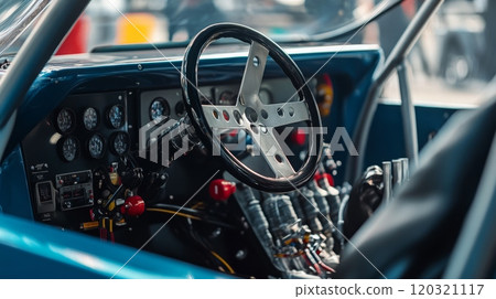 The race car cockpit displays an array of gauges and controls, showcasing the intricate design and preparation for an upcoming race. 120321117