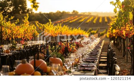 A long harvest table is beautifully arranged for dinner, adorned with pumpkins and surrounded by colorful autumn vineyards. The sun sets over the landscape, creating a warm and inviting atmosphere. 120321154