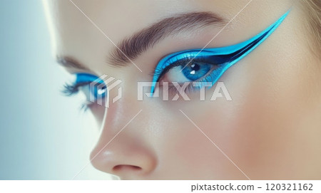 A model showcases bold blue eyeliner art that accentuates her bright blue eyes, highlighting modern beauty trends during a professional photo session in a studio setting. 120321162