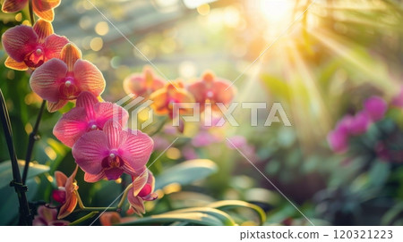 Orchids display vibrant pink hues, basking in sunlight, surrounded by lush greenery in a greenhouse. 120321223