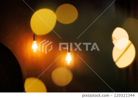 Two dark-light bulbs on a long cord are twined from the ceiling 120321344