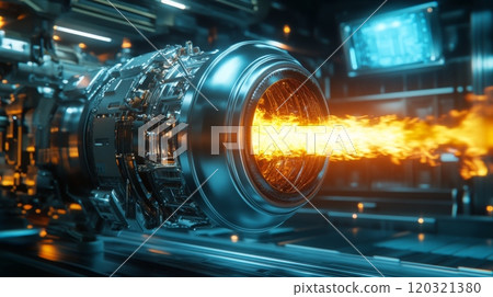 A sleek jet engine designed with advanced technology releases bright flames in a modern laboratory 120321380
