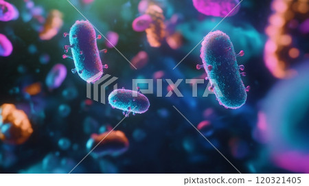 A vivid microscopic portrayal shows bacteria suspended in an imaginative digital world filled with bright, colorful particles. The intricate details highlight their unique shapes and textures. 120321405