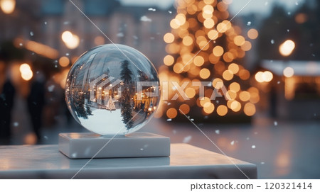 A snow globe reflects a beautiful Christmas tree adorned with bright lights, set in a serene winter atmosphere. Soft snowflakes gently fall, enhancing the holiday spirit around it. 120321414