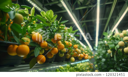 Fresh oranges hang from green branches in a well-lit indoor orchard, showcasing vibrant colors and healthy foliage. Fresh oranges hang from green branches in a well-lit indoor orchard, showcasing vibrant colors and healthy foliage. 120321451