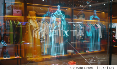 A luminous hologram showcases a dress in the window of a contemporary fashion store. A luminous hologram showcases a dress in the window of a contemporary fashion store. 120321485