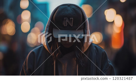 A young individual stands on a bustling city street at dusk, wearing a hoodie and cap, with city lights softly illuminating the surroundings. A young individual stands on a bustling city street at dusk, wearing a hoodie and cap, with city lights softly illuminating the surroundings. 120321487