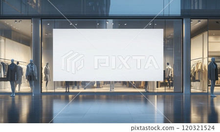 The retail store showcases a sleek design with mannequins dressed in stylish clothing. A large blank display dominates the window, illuminated by evening light, inviting curiosity from passersby. The retail store showcases a sleek design with mannequins dressed in stylish clothing. A large blank display dominates the window, illuminated by evening light, inviting curiosity from passersby. 120321524