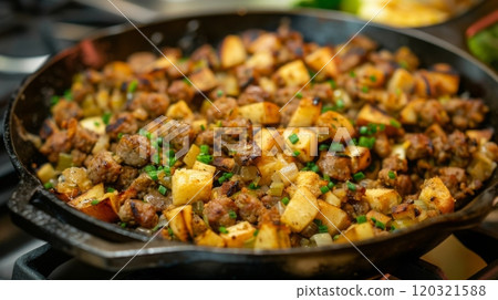 Ground meat and diced potatoes are sauteed together in a skillet, creating a hearty meal with herbs and spices. Ground meat and diced potatoes are sauteed together in a skillet, creating a hearty meal with herbs and spices. 120321588
