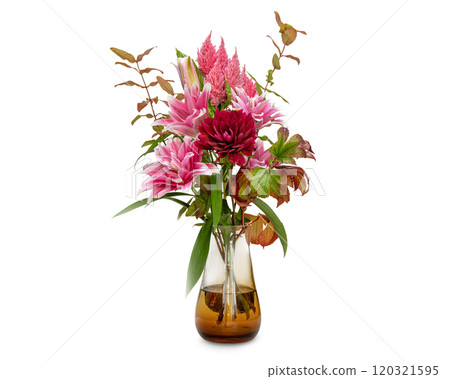 鮮花插在玻璃花瓶裡 鮮花插在玻璃花瓶裡 120321595