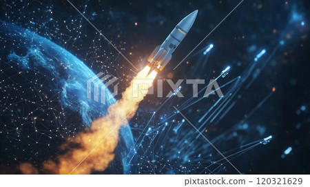 A rocket ascends dramatically from the surface of Earth, surrounded by a vast starry night sky 120321629