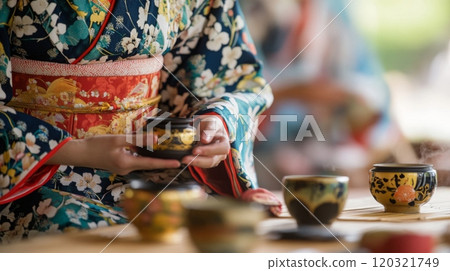 A participant in a floral kimono carefully holds an ornate tea cup while engaging in a traditional tea ceremony in a serene garden setting. 120321749