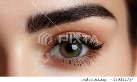 A close-up shot of a woman's right eye, showcasing her long, dark eyelashes. The eye is looking towards the right A close-up shot of a woman's right eye, showcasing her long, dark eyelashes. The eye is looking towards the right 120321784