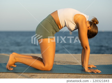 Sportive girl practicing cat pose of yoga on seashore 120321843