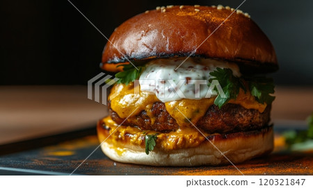 A gourmet cheeseburger features a juicy patty topped with melted cheese, fresh herbs, and a creamy sauce, all nestled in a toasted bun. 120321847