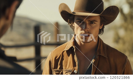 A young cowboy, wearing a wide-brimmed hat and a denim shirt, exchanges words with another rancher on a sunny afternoon. 120321866