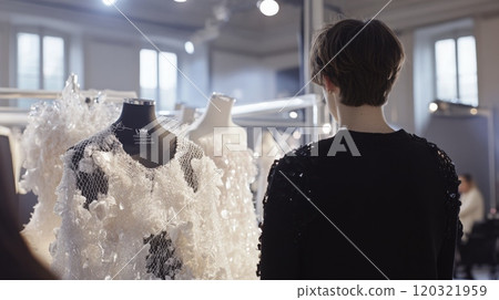 A person observes unique clothing designs displayed on mannequins at a contemporary fashion exhibition A person observes unique clothing designs displayed on mannequins at a contemporary fashion exhibition 120321959