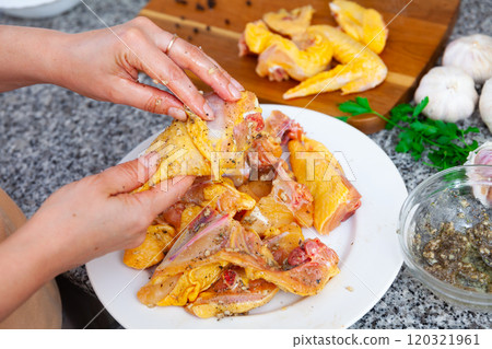 Hands holding pieces of raw chicken Hands holding pieces of raw chicken 120321961