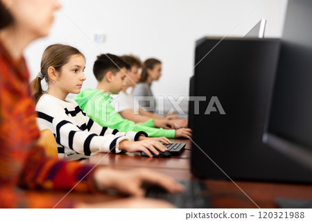Portrait of students at computers in computer class 120321988