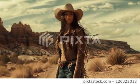 A cowgirl stands confidently in a rugged desert setting, dressed in a fringed jacket and hat, with stunning rock formations in the background during late afternoon light. 120322018