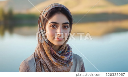 A young arab woman with a warm smile stands by a serene lake, wrapped in a light scarf A young arab woman with a warm smile stands by a serene lake, wrapped in a light scarf 120322067