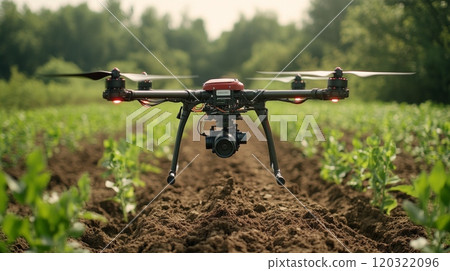 A drone hovers over a green crop field, capturing data on plant growth and health under bright sunlight, showcasing modern farming technology. A drone hovers over a green crop field, capturing data on plant growth and health under bright sunlight, showcasing modern farming technology. 120322096