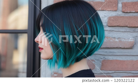 A woman showcases a stylish bob haircut in vibrant teal shades, elegantly styled and framed by a contemporary urban backdrop. Her profile highlights the unique color choice and hair texture. 120322122