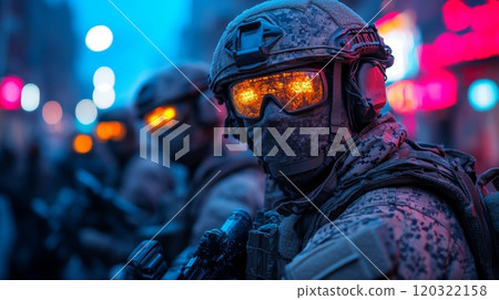 A group of soldiers stands alert in an urban area at night, equipped with tactical gear and glowing goggles, prepared for action. 120322158