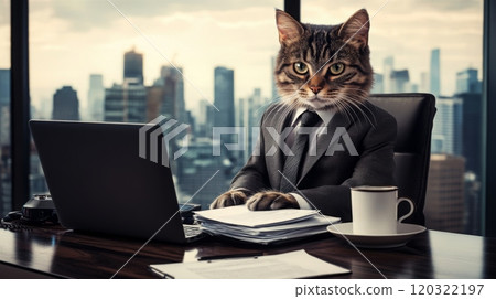 A tabby cat dressed in a formal suit is seated at an office desk, intently focused on paperwork with a laptop nearby, while the city skyline fills the backdrop under bright daylight. 120322197