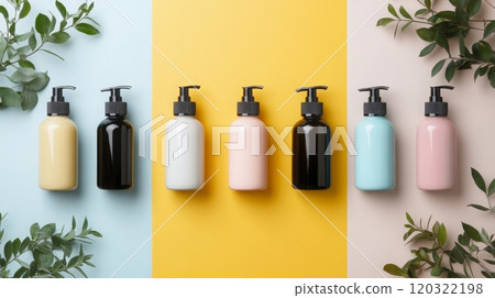 Bottles in various colors are lined up on a pastel backdrop, complemented by natural greenery for a fresh look. 120322198