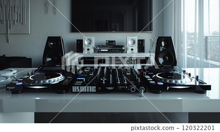 A DJ mixer with two turntables sits on a white table in a modern home studio. 120322201