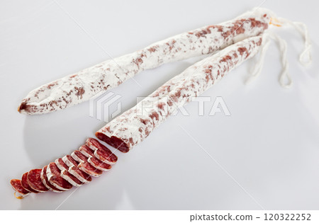 Sliced Catalan dry cured sausage Fuet Sliced Catalan dry cured sausage Fuet 120322252