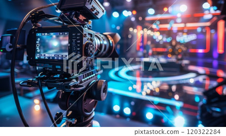 A professional camera is positioned on a tripod, capturing a live event with a brightly lit stage in the background. The camera is focused on the stage, which is illuminated by colorful lights. 120322284