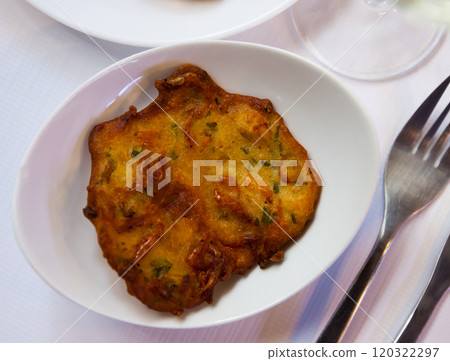 Spanish tortilla with shrimp closeup Spanish tortilla with shrimp closeup 120322297