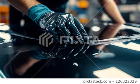 A person in gloves meticulously applies polish to a gleaming car surface, enhancing its shine in a well-lit workshop. 120322329