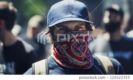 A young individual stands at the forefront of a demonstration, wearing a bandana over their face and a cap, surrounded by a crowd in an urban setting. 120322355