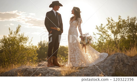 A bride in a lace gown and a groom in a cowboy hat stand together, exchanging smiles while holding a bouquet in a serene outdoor setting at golden hour. 120322356