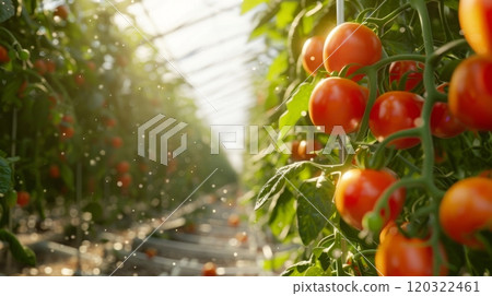 Red ripe tomatoes hang from a vine in a greenhouse, bathed in sunlight. Red ripe tomatoes hang from a vine in a greenhouse, bathed in sunlight. 120322461