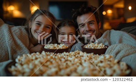 Three family members smile together, wrapped in warm blankets, as they enjoy a cozy movie night at home surrounded by bowls of popcorn. Three family members smile together, wrapped in warm blankets, as they enjoy a cozy movie night at home surrounded by bowls of popcorn. 120322462