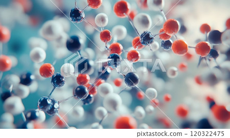 A vibrant arrangement of molecules featuring atoms in red, white, and black colors interconnected within a scientific backdrop, showcasing the complexity and beauty of molecular interactions. 120322475