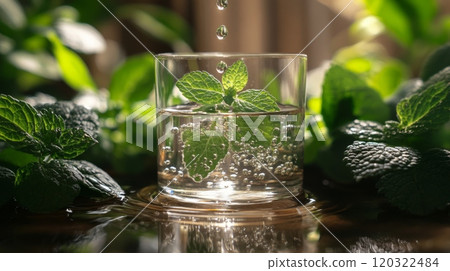 Droplets fall into a glass filled with water and mint leaves, creating bubbles against a backdrop of vibrant green foliage and soft sunlight filtering through. 120322484